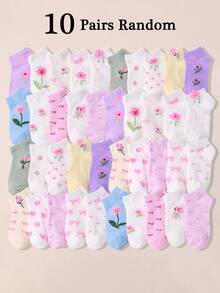 20 Pairs Girls Ankle Socks Ages 1-16, Sweet Bow & Ditsy Floral Print Pastel Macaron Low-Cut School Socks, Casual Athletic Daily Wear For Girls & Teens - Multicolor - View 17