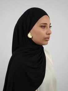 1pc Women's Premium Jersey Hijab, Minimalist Classic Solid Color Elegant Casual Hemmed Scarf, High-Quality Knitted Modal Jersey Hijab Scarf, Long Turban Headscarf, Suitable For Daily Life And Travel Gatherings - Black - View 3