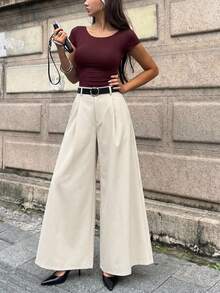 女款休閒優雅通勤極簡時尚寬腿褲（不含腰帶），適合日常通勤、約會、城市漫步等場合 - 杏色 - 查看 5