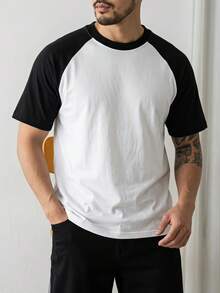 Men's Summer Loose Raglan Sleeve Round Neck Short Sleeve T-Shirt, Retro Black And White Color Block Patchwork Top - White - View 3