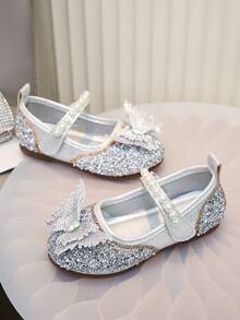Zapatos de princesa con mariposa de strass multicolor para niñas, zapatos con decoración de perlas y suela blanda, estilo hada para uso diario, escuela y citas en primavera, verano y otoño - Plateado - Ver 3