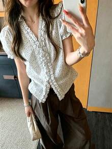 Printed V-Neck Casual Short Blouse For Women Summer - Apricot - View 2