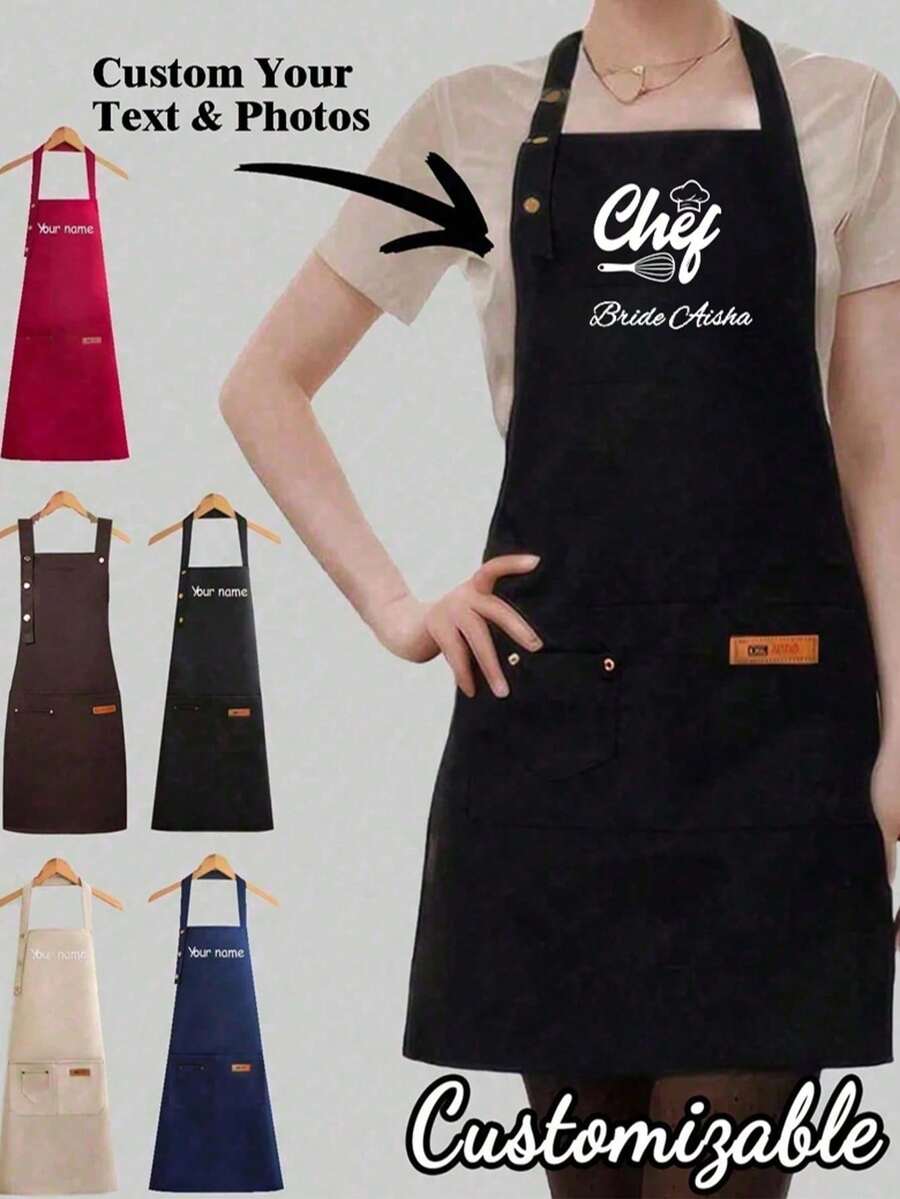 1pc Customizable Apron, Suitable For Home Cooking And Baking, Made Of Durable Polyester Blend Fabric, With Adjustable Waistband, Perfect For Enthusiasts, Great Valentine's Day Gift, Personalized Name Customization - Multicolor - View 1