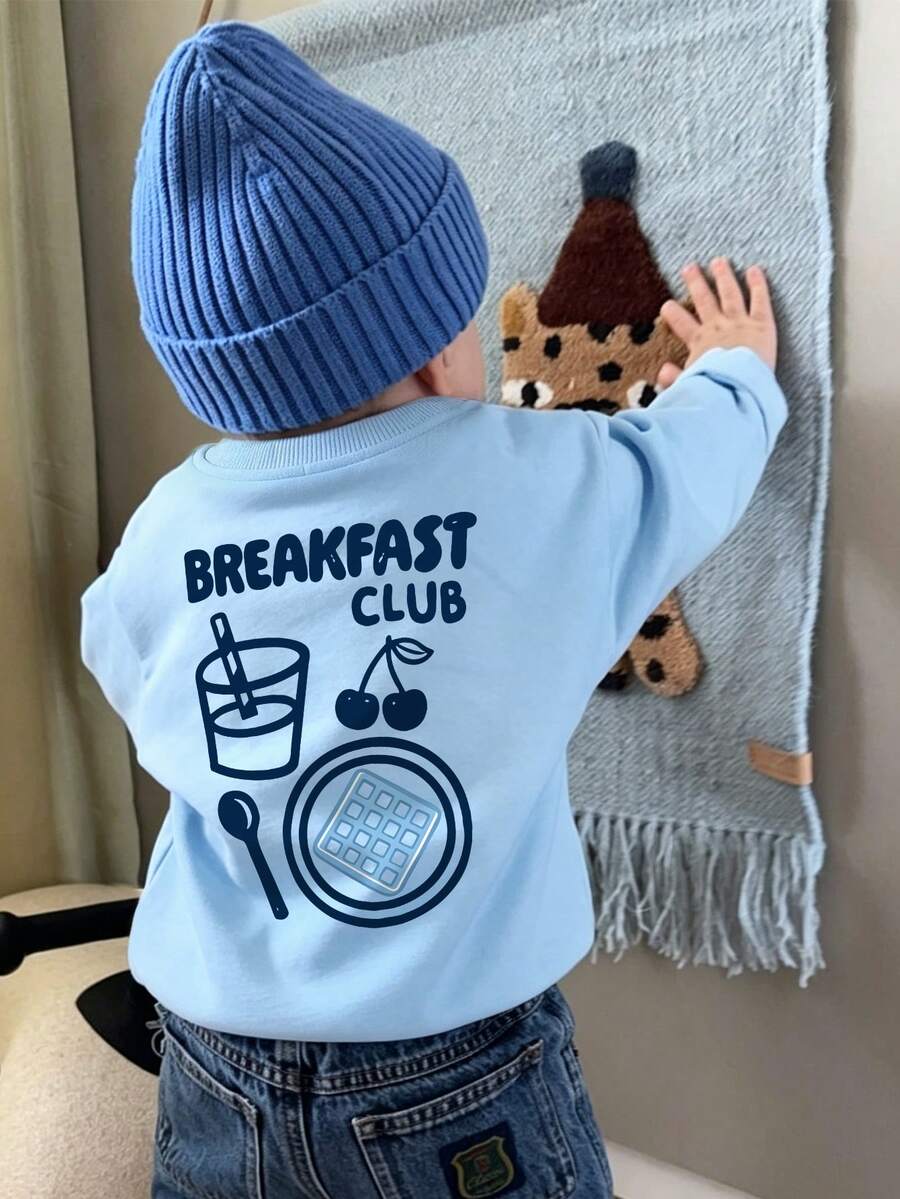 Infant Boy Casual Loose Comfortable Daily Long Sleeve Sweatshirt, Breakfast Print, Suitable For Autumn/Winter Wear - Baby Blue - View 1