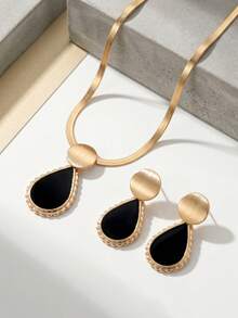 Juego de 3 piezas de joyería minimalista de moda para mujer: collar + pendientes, metal cepillado dorado con diseño geométrico redondo + colgante de gota de aceite de encaje negro en forma de lágrima con cadena de hoja, joyería elegante para mujer adecuada para uso diario, regalo, fiesta, banquete - Amarillo Oro - Ver 4