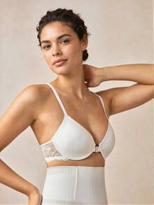 Veilyse 1件白色前扣蕾絲拼接花卉印花露背Bralette，性感鋼圈內衣，女款夏季款 - 白色 - 查看 9