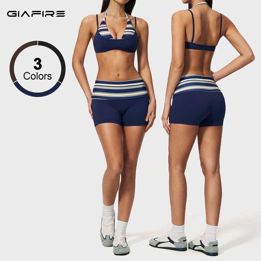 GIAFIRE 新款女款 2 件式運動套裝,細肩帶瑜珈內衣與高腰快乾休閒短褲,條紋跑步戶外沙灘健身瑜珈套裝 - 藏蓝色 - 查看 1