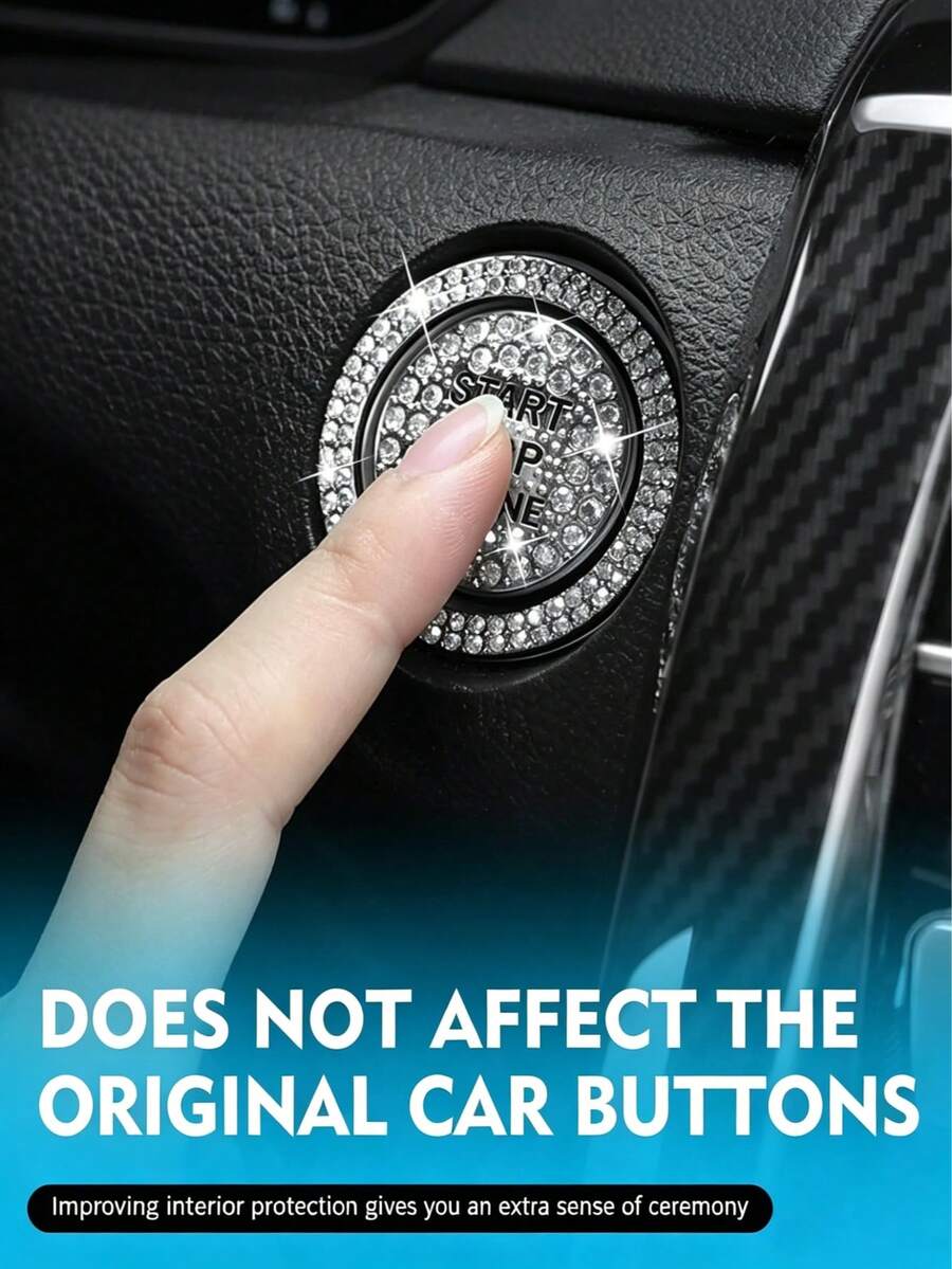 Shiny Rhinestone Engine Start/Stop Decorative Ring And Button Cover - Alloy Trim Inlaid With Rhinestones, Featuring "Start Stop Engine" Text - Fashionable Car Interior Accessory, Eye-Catching Design - Suitable For Most Car Models