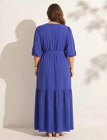 FASHION MIX PREMIUM Elegant Long Dress With Slit And Ruffle On The Hem 3/4 Puff Sleeves With V-Neckline And Tie At The Waist Women's Plus Size - 寶藍色 - 查看 5
