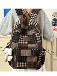 LECEY Women's Plaid Pattern Portable Large Capacity Backpack - Brown - View 7