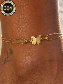 1pc 18K Gold Plated Women's Delicate 3D Butterfly Double Layer Anklet, 304 Stainless Steel, Waterproof, Fade-Resistant, Suitable For Summer Outfits, Beach Vacations, Pool Parties And Daily Wear, Anniversary, Christmas, Holiday Gifts - Anklet - View 2