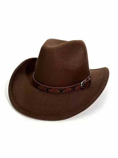 Mũ cowboy unisex cổ điển với dây đai màu nâu, logo bò bạc đen và khóa kim loại, mũ điều chỉnh được dùng ngoài trời phù hợp cho cả nam và nữ, lý tưởng cho mặc thường ngày, hoạt động ngoài trời, cưỡi ngựa, biểu diễn sân khấu tiệc tùng và các buổi tụ họp phong cách cowboy miền Tây