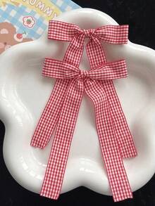 2Pcs Red Gingham Bow Hair Clips For Women Girls, Long Ribbon Bowknot Barrettes, Cute Plaid Hair Accessories Back To School - Red - View 6