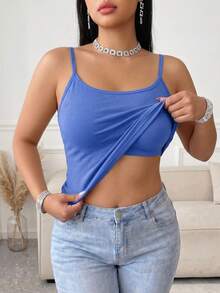 1 st enfärgad basic camisole i plus size, justerbara spaghettiband, inbyggd bröstvaddering, elastisk slim fit, lämplig för daglig lager-på-lager och avslappnad stil - Blå - Visa 1
