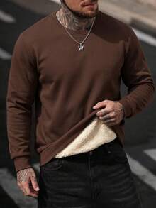 Men's Solid Color Minimalist Pullover Thermal Lined Warm Sweatshirt, Autumn/Winter - Coffee Brown - View 6