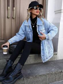 HAPPY GIRL Spring Autumn Winter Versatile Fashionable Denim Jacket For Women, Comfortable Casual Commute, Holiday, Vacation, Airport Outfit - Blue - View 5