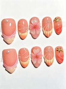10 Peças Unhas Postiças Formato Amêndoa Francesa Y2K 3D Esculpidas Estilo Ins Premium Degradê Laranja & Nude, Adequadas para Uso Diário, Suprimentos de Arte de Unhas Press-On - Multicolorido - Visão 1