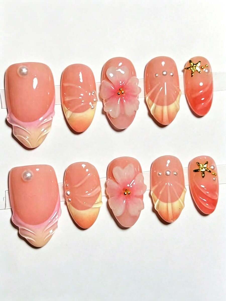 10 Peças Unhas Postiças Formato Amêndoa Francesa Y2K 3D Esculpidas Estilo Ins Premium Degradê Laranja & Nude, Adequadas para Uso Diário, Suprimentos de Arte de Unhas Press-On - Multicolorido - Visão 1