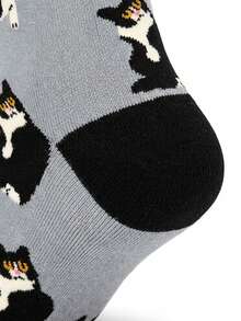 1 Pair Men's Funny Pattern Black & White Cat Mid-Calf Socks, Soft & Breathable, Suitable For Autumn/Winter Daily Wear, Halloween/Christmas Gift - Multicolor - View 7