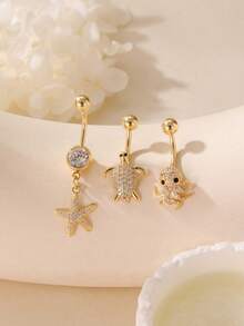 3pcs Fashion Luxury Stainless Steel Flower Belly Button Ring Pendant, Butterfly Navel Ring Pendant, Belly Piercing Jewelry - Multicolor - View 11