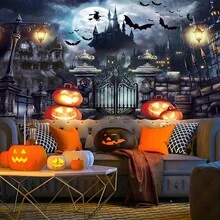 1pc Halloween Photography Backdrop, Scary Moon, Pumpkin, Lantern, Castle, Door, Bat, Perfect For Party, Haunted House, Carnival And Photography Background, Holiday Celebration, Home Decor, Indoor/Outdoor Party Decoration, Halloween Atmosphere Decoration Supplies - Multicolor - View 5