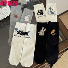 4 Pairs AB Style Cute Cartoon Animal Crew Socks, Soft Mid-Calf, Kawaii Cat Rabbit Carrot Fish Pattern Casual Socks For Daily Wear, School, Holiday Gift - Multicolor - View 3
