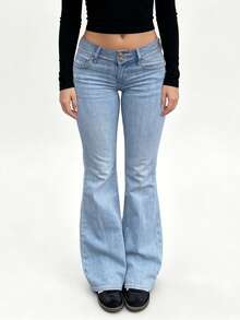 MYOURSA Y2K Style Low-Waist Double-Breasted Flare Leg Light Blue Casual Jeans - View 1