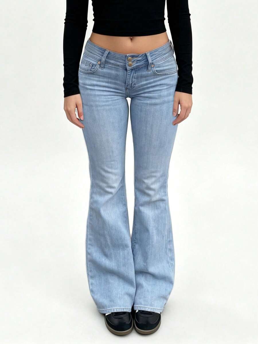 MYOURSA Y2K Style Low-Waist Double-Breasted Flare Leg Light Blue Casual Jeans - View 1