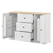 Modern, Elegant Sideboard With 3 Drawers And Refrigerator-Like Doors, Buffet Cabinet For Dining Room, Living Room And Hallway (White) - White - View 8