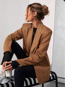 1pc Daily Commute Casual Versatile Solid Color New Style Elegant Minimalist Lapel Long Sleeve Pocket Cardigan Jacket - Brown - View 4