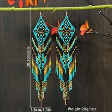 AHAYA Creative Fashion Rhombus Tassel Earrings, Geometric Beaded Handmade Glass Bead Dangle Earrings, Vintage Jewelry, Retro Accessories Suitable For Daily Wear - Turquoise - View 9