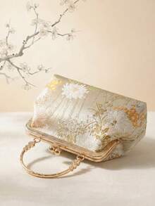 花卉刺繡緞面手拿包，配金屬接吻鎖與雕花手柄，中式復古風女款手提包兼單肩包，適合婚禮、派對、日常穿搭與宴會 - 米色 - 查看 5