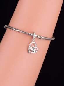 1pc S925 Sterling Silver Zirconia Inlaid Dual-Color Hugging Couple Heart Pendant Engraved "I Love You Forever" DIY Versatile Bracelet Beads - Silver - View 4