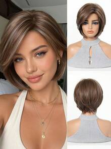 8 Inch Straight Low Curvature Heat Resistant Synthetic Bob Wig Natural Black Layered Side Part Short Wigs For Women Daily Office Wear - Multicolor - View 14