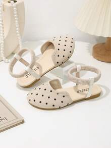 1 Pair Beige Round Toe Closed Toe Vintage Polka Dot Flat Sandals, Elastic Slip-On Comfortable Fit, 1 Pair All-Season Roman Sandals Suitable For Daily Wear, Dance, Performance And All Occasions - Beige - View 4