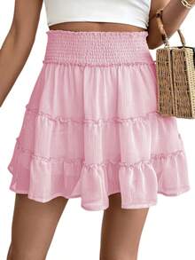Women's Summer High-Waisted Ruffle Tennis Skirt, Flowing Skirt, Suitable Nighttime Wear - Pink - View 3