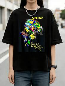 Vintage VR 46  Colorful Geometric Helmet AGU Monster Graphic T-Shirt,  Racing Legend Rider Signature Casual Short Sleeve Tee - 黑色 - 查看 1
