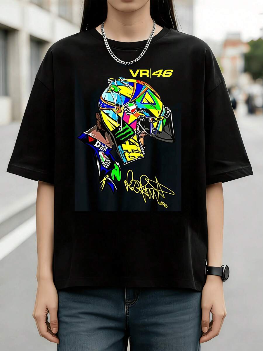 Vintage VR 46 Colorful Geometric Helmet AGU Monster Graphic T-Shirt, Racing Legend Rider Signature Casual Short Sleeve Tee - 黑色 - 查看 1