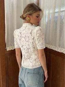 Spring/Autumn Elegant White Lace Crochet Floral Stand Collar Fitted Blouse, Fashion Commuter Top With Design Sense, French Romantic Style Summer - White - View 8