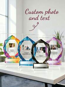1pc Customized Acrylic Trophy, Elegant Geometric Aurora & Marble Design, High-Definition Full-Color Printed Logo & Text, Suitable For Corporate Awards, Employee Recognition, Office Display & Inspirational Desk Decor, Premium Gift For Executives, Managers And HR Teams - Multicolor - View 4