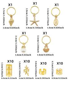 45pcs Ocean Style Hair Rings, Including Gold Starfish, Seashell, Shell And White Pearl, Multiple Shapes Summer Adjustable Hair Clips, Suitable For Braids And Twisted Hair - Gold - View 8