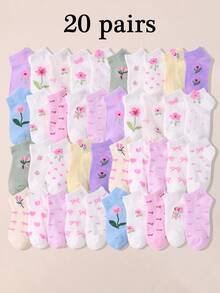 20 Pairs Girls Ankle Socks Ages 1-16, Sweet Bow & Ditsy Floral Print Pastel Macaron Low-Cut School Socks, Casual Athletic Daily Wear For Girls & Teens - Multicolor - View 9