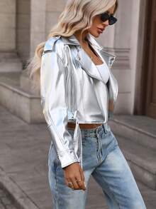 Women's Solid Color Minimalist Daily Zip-Up Short Jacket Vacation - Silver - View 5