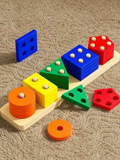 Early Education Educational Toy Wooden 4-Pillar 5-Pillar Montessori Geometric Shape Cognition Matching Blocks, Focus And Visual Training. Wooden Learning Puzzle, Early Education Children Geometric Shape Color Cognition Matching Hand-Eye Coordination Fun Stacking Blocks Educational Toy, Suitable For Kindergarten And Preschool Education Materials. Desktop Game Toy, Birthday Gift.
