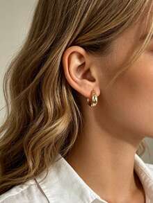 18K Gold Plated Chunky Teardrop Huggie Hoop Earrings, Pave Dot Zirconia Click Hoops Modern Daily Jewelry For Women - Gold 2 - View 2