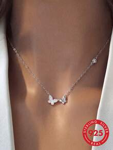 1pc S925 Sterling Silver Ins Mori Style Fresh Rhinestone Double Butterfly Thin Necklace Elegant Luxury Elegant Personalized Exquisite Daily Casual Versatile Fashion Sweet Cute Petite Gentle Aesthetic Atmosphere Clavicle Chain Valentine's Day Gift - Butterfly - View 13