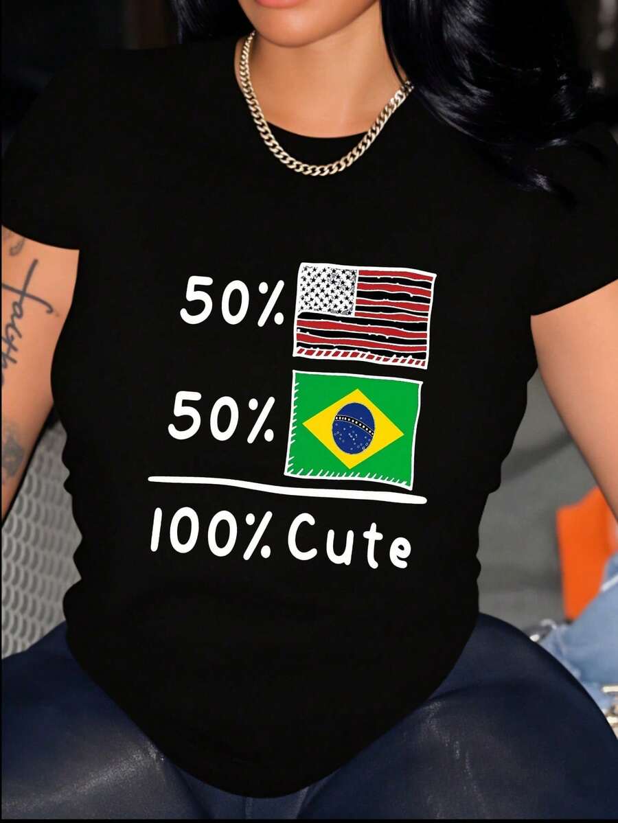 100% Cotton Women Christmas T-Shirt Half Brazilian Half American USA Brazil Culture Flag T-Shirt Print T-Shirt  Comfort Tee Top For Spring & Summer - 軍綠色 - 查看 1