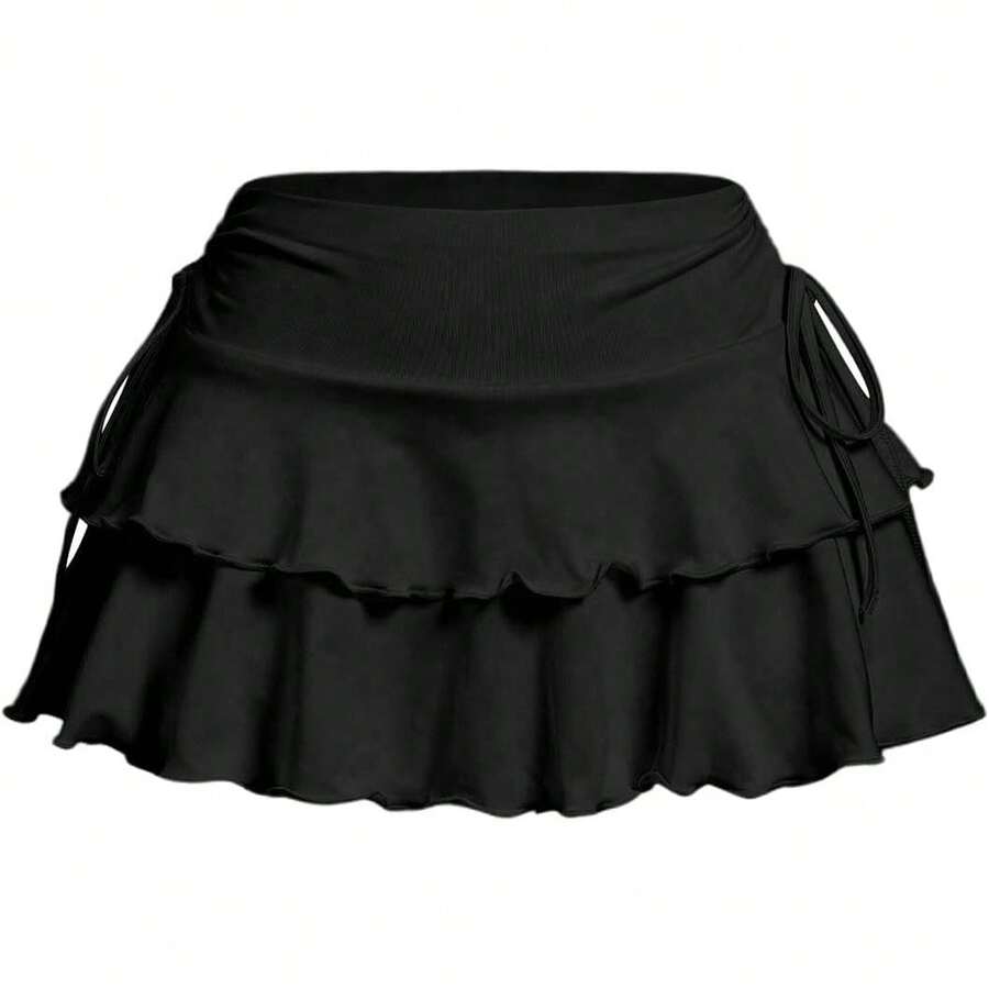 Women's Ruffle Skirt With Built-In Shorts, High-Waisted Layered Skirt, Skirt-Pants - Black - View 1