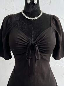 Plus Size Short Princess Dress, Loose Fit, With Gathered Neckline And Short Sleeves, Elegant, Sizes 46 To 56 - 黑色 - 查看 6