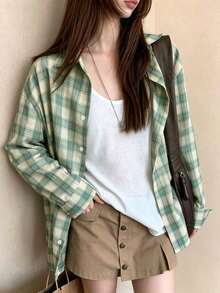 Korean Style Green Plaid Shirt Jacket Women Spring Loose Casual Relaxed Long Sleeve Sun Protection Thin Cardigan Top - Green - View 3
